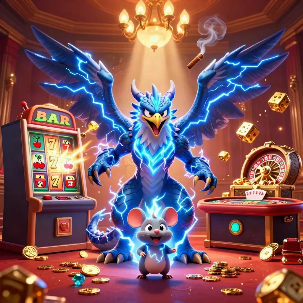 Thunder dragon, wind hawk, and static mouse in a neon casino room with slot reels and gold.