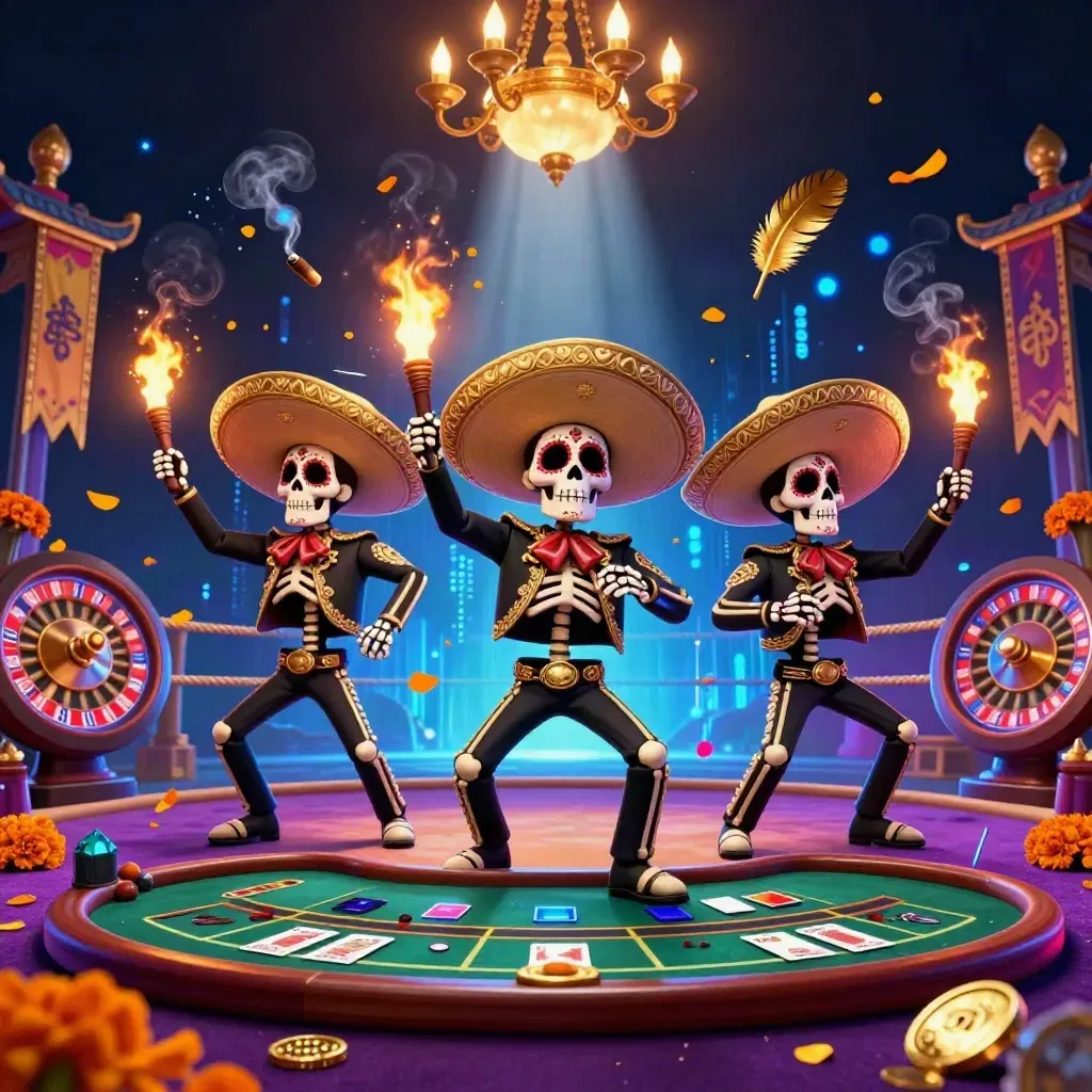 Skeleton mariachi trio in neon casino luxury with temple gate, roulette, and gold spark effects.
