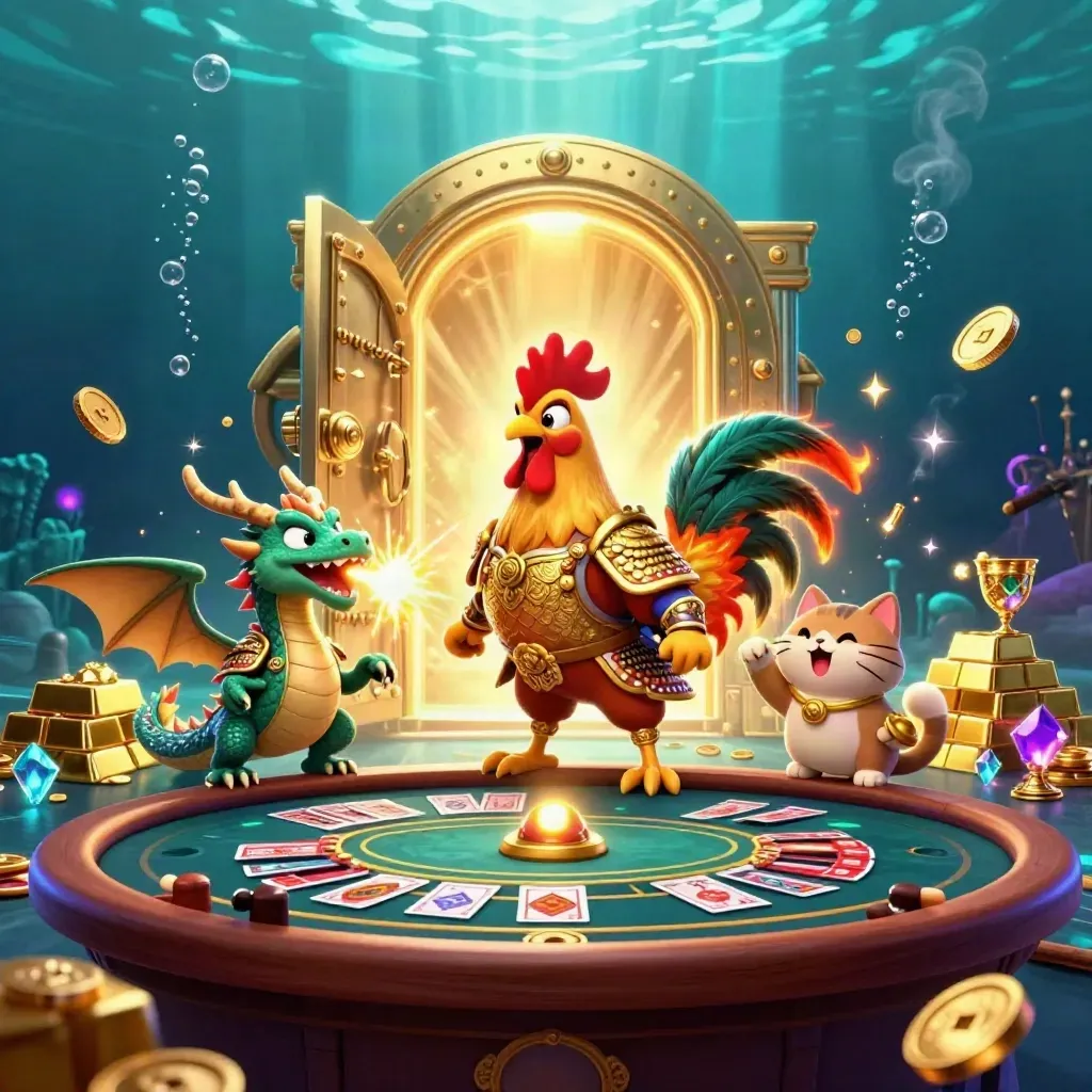 Rooster warrior, dragon hatchling and fortune-cat in a neon casino vault with gold, gems and spinning roulette.