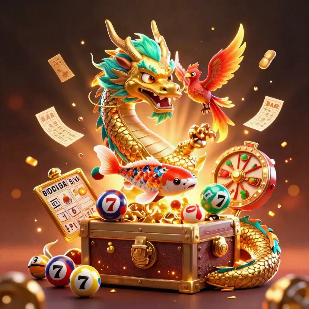 Golden dragon with phoenix and koi amid casino loot, glowing neon-green on a fiery dark background.