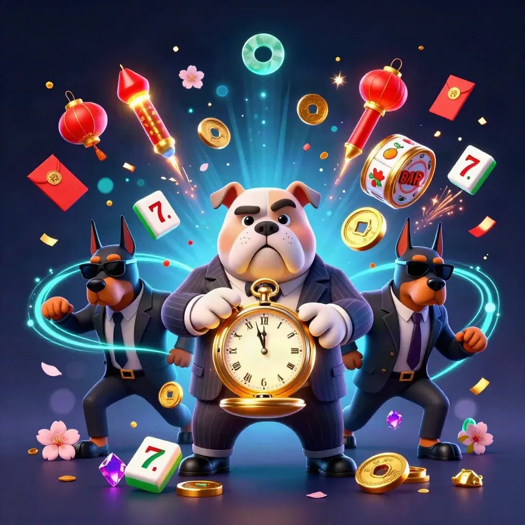 Mafia-boss bulldog and two Dobermans amid neon casino coins, lanterns, and fireworks.