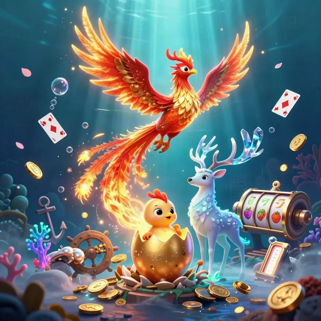 Phoenix, baby phoenix, and crystalline stag in an underwater treasure cove with coins and coral.
