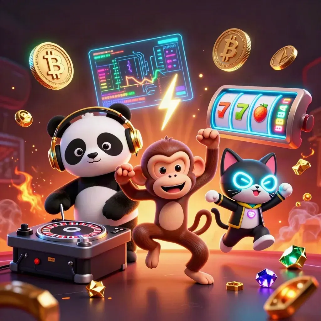 DJ panda, breakdancing monkey, and rave kitten amid neon coins and casino effects