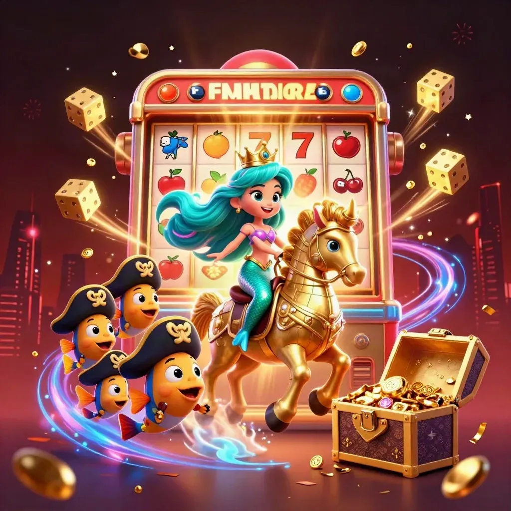 Mermaid princess rides armored seahorse as slot symbols and treasure explode in neon casino style.