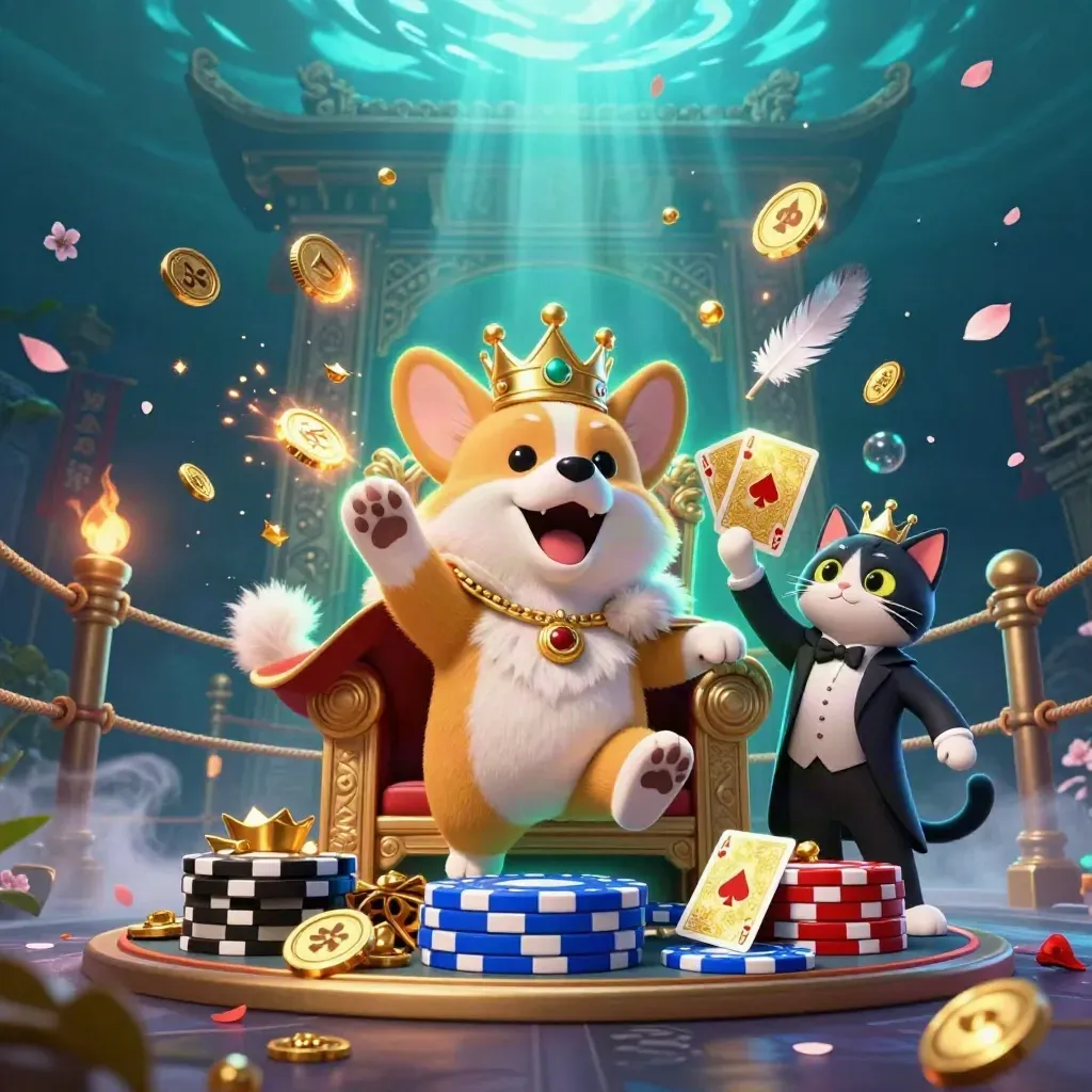 Crowned corgi and cat butler explode through coins, gems, and neon casino magic.