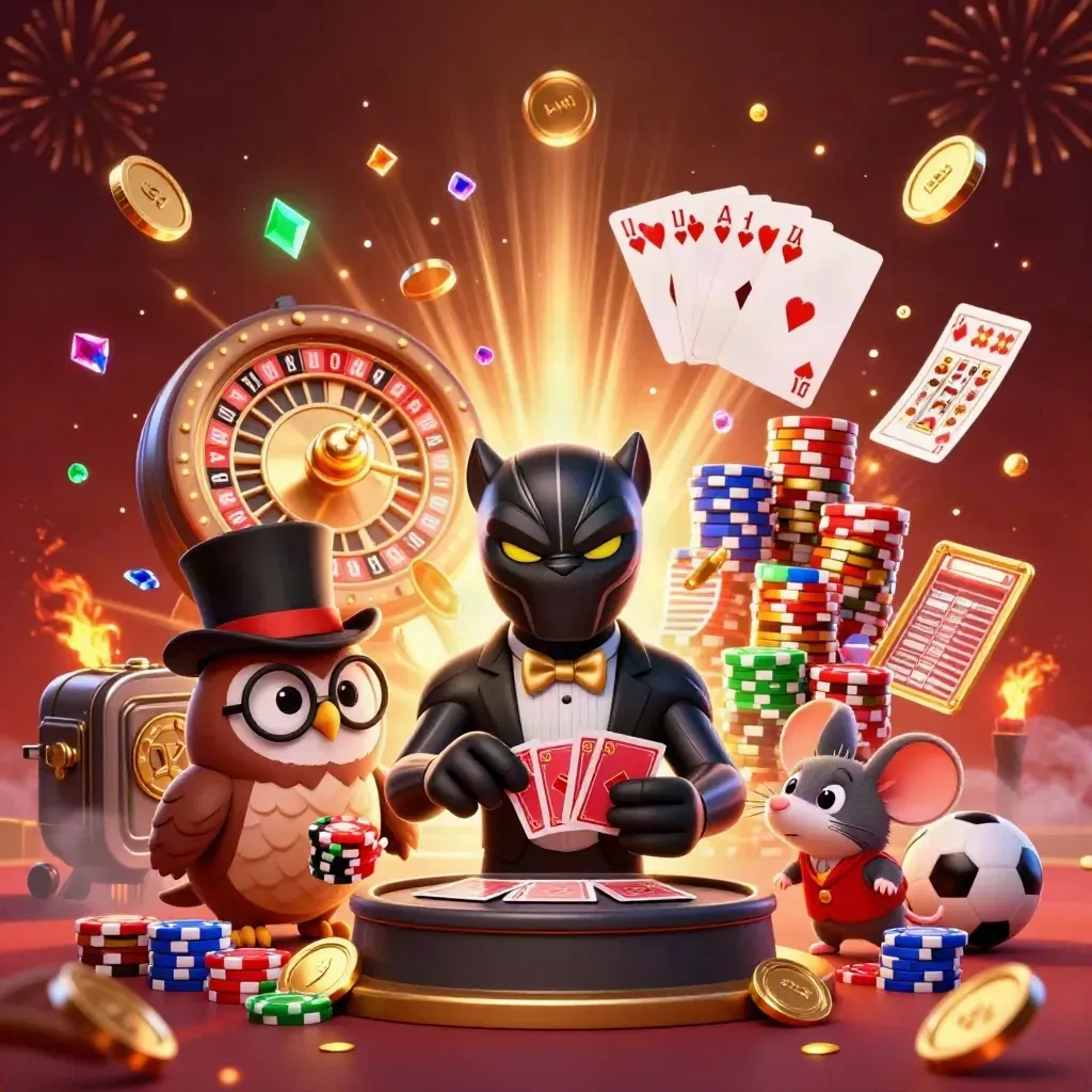 Black panther, owl, and mouse in a neon casino celebration with coins, chips, cards, and fireworks.