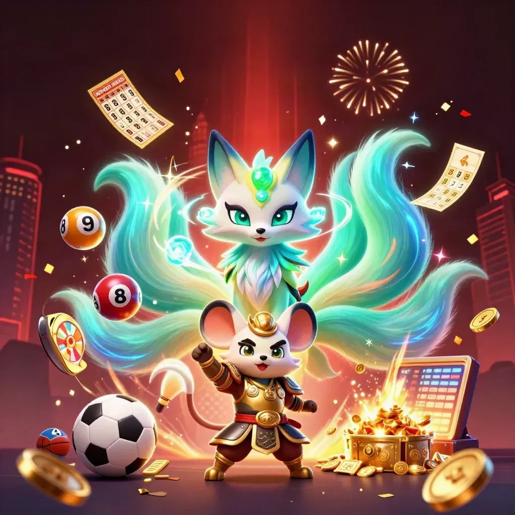 Fox spirit and samurai mouse amid casino bursts, coins, fireworks, and neon sports betting energy.