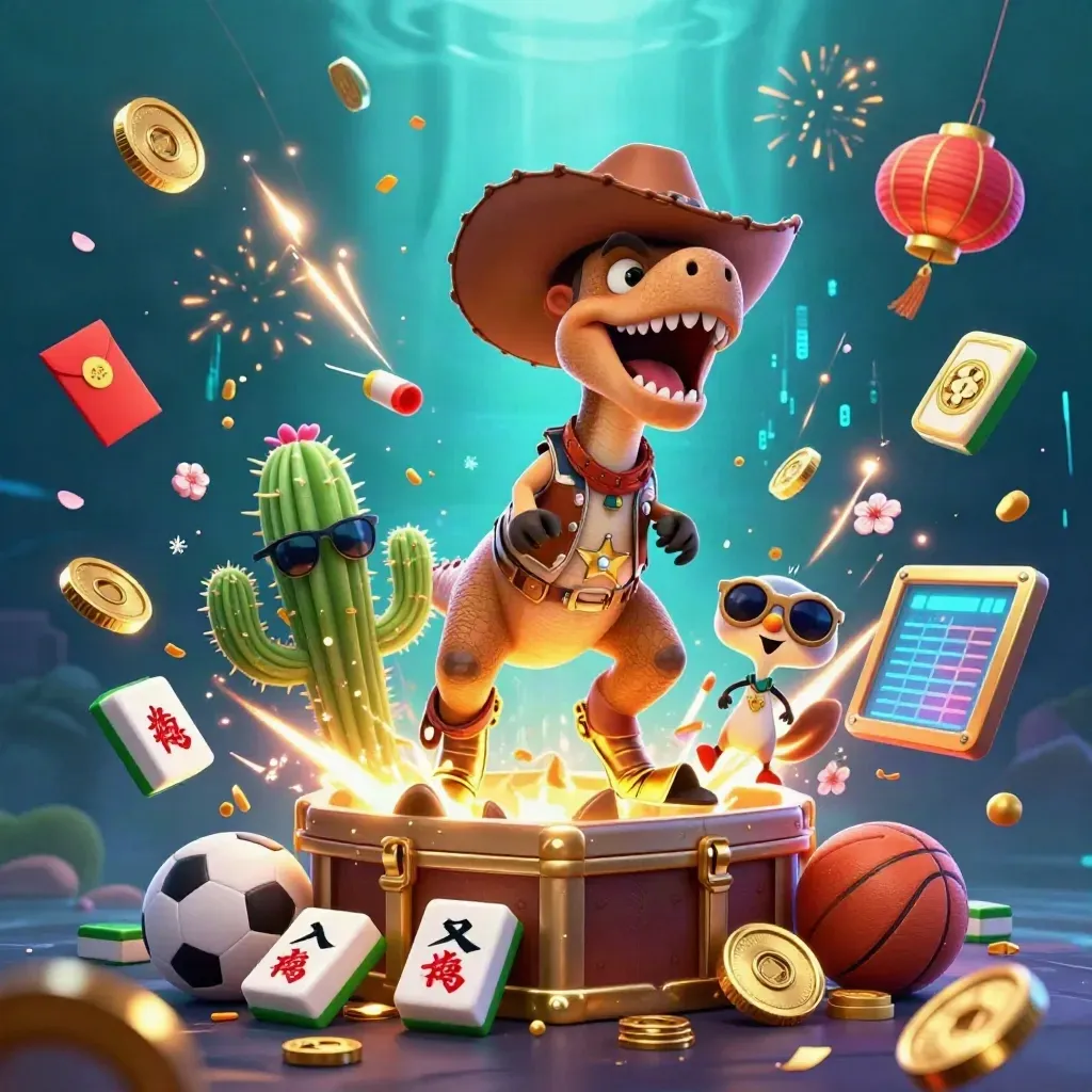 Cartoon cowboy T-Rex trio bursts from a gold vault with coins, fireworks, and neon casino effects.