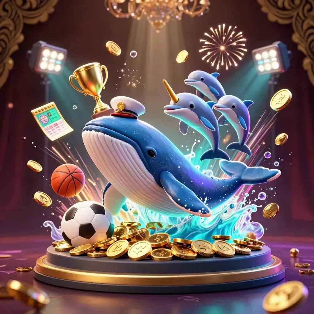 Whale captain, narwhal, dolphins, coins, balls, trophy, and neon casino spectacle