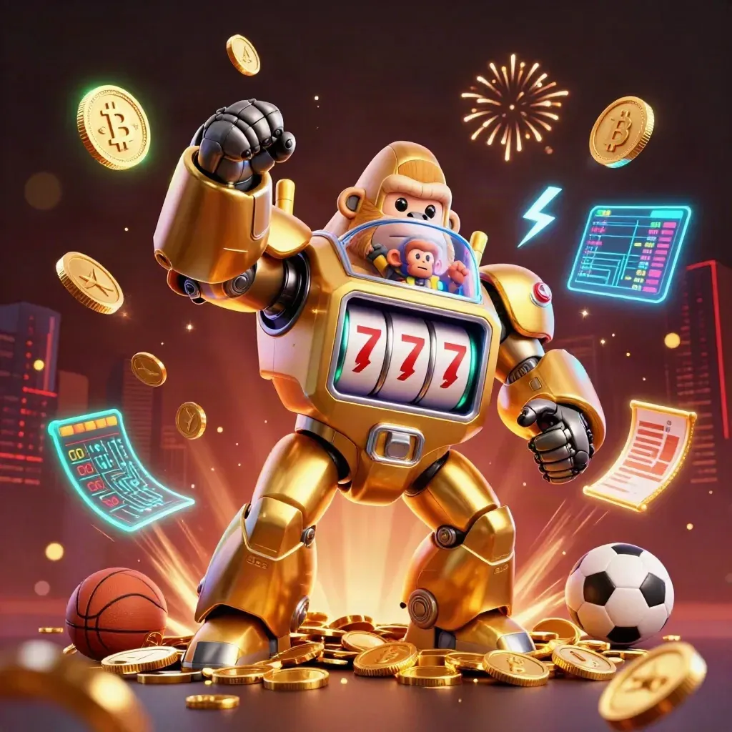 Golden gorilla mech bursting from coins with a tiny monkey pilot and neon crypto game effects