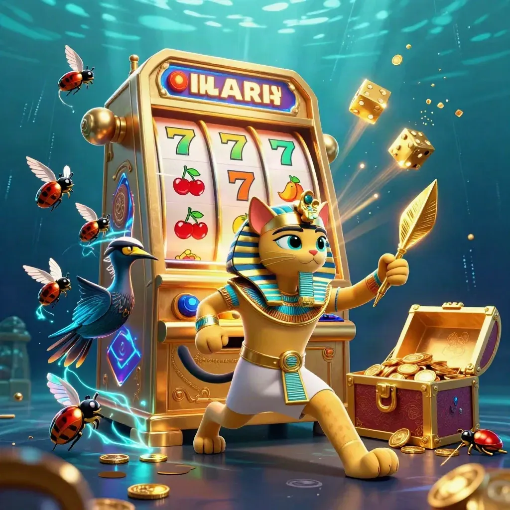 Pharaoh cat, ibis scribe and scarabs amid a bursting slot machine in neon casino glow