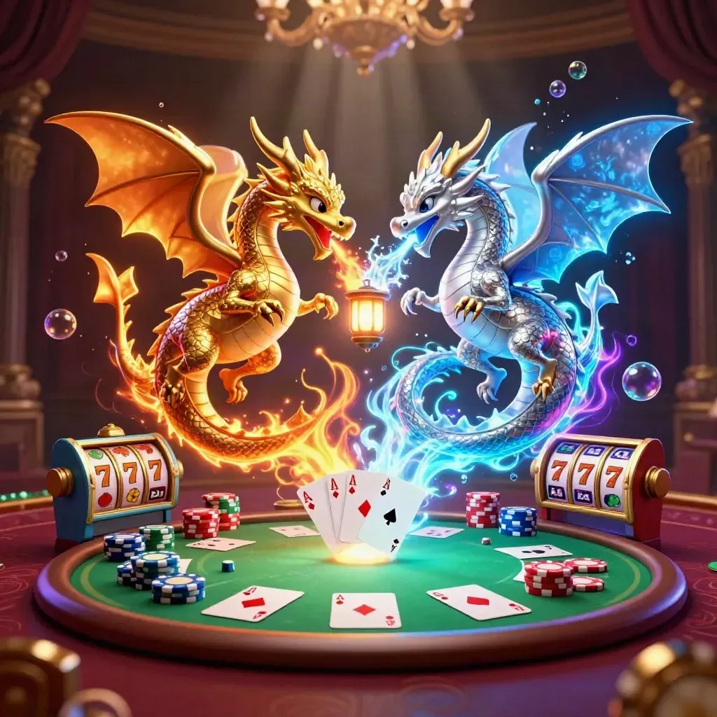 Gold and silver dragons spiral above casino chips, cards, reels, and glowing neon effects.