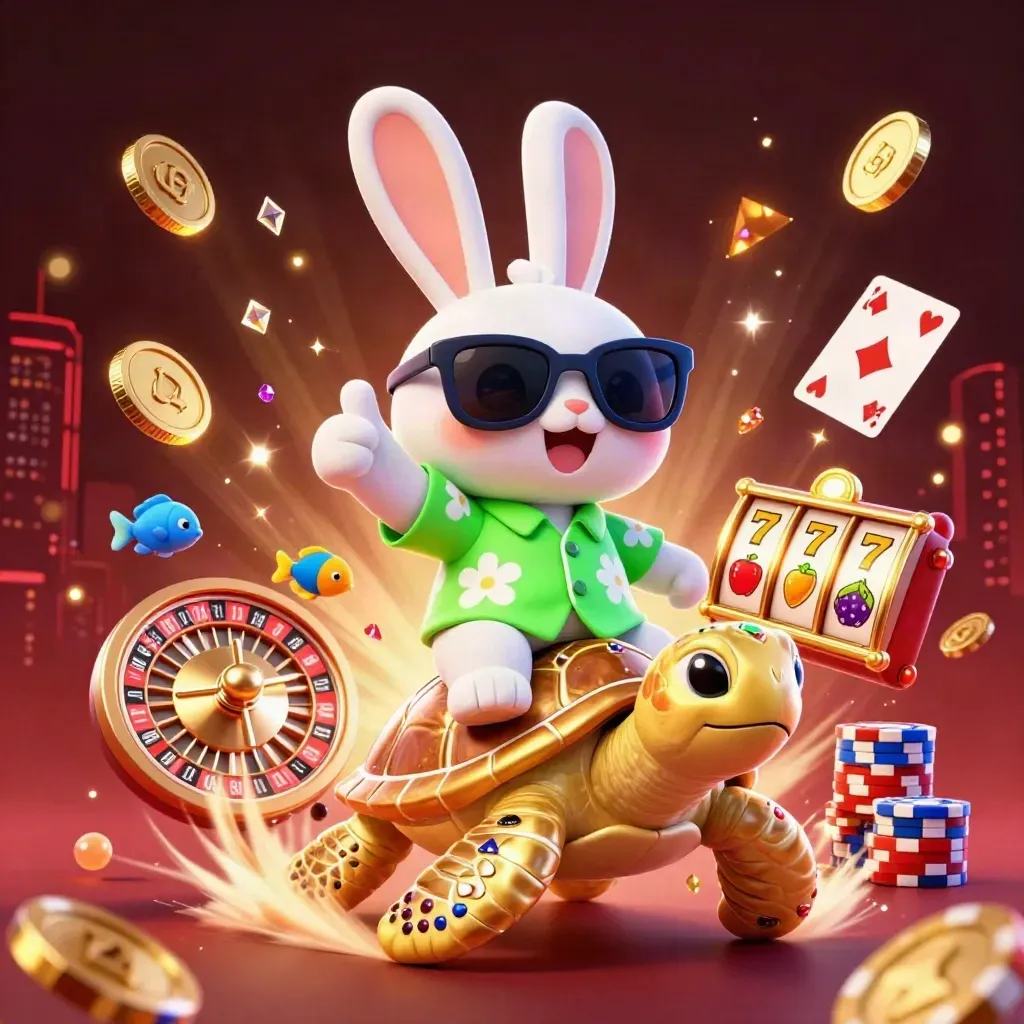 Rabbit rides a golden sea turtle with casino symbols bursting around them