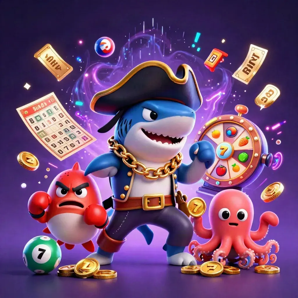 Shark pirate, boxing pufferfish, and coin-juggling octopus amid casino neon and prizes