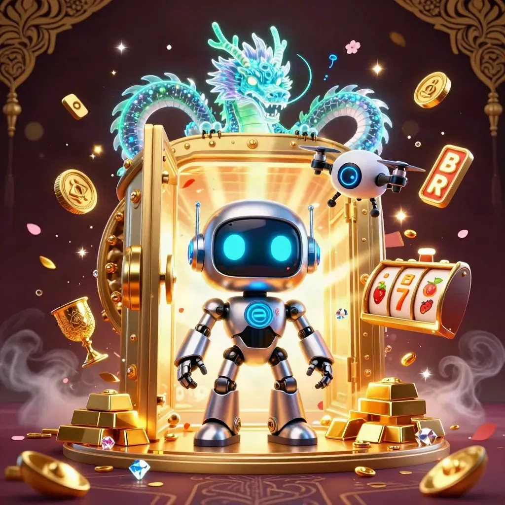Neon cyberpunk robot, hologram dragon, and coin drone burst from a vault amid gold and casino effects.