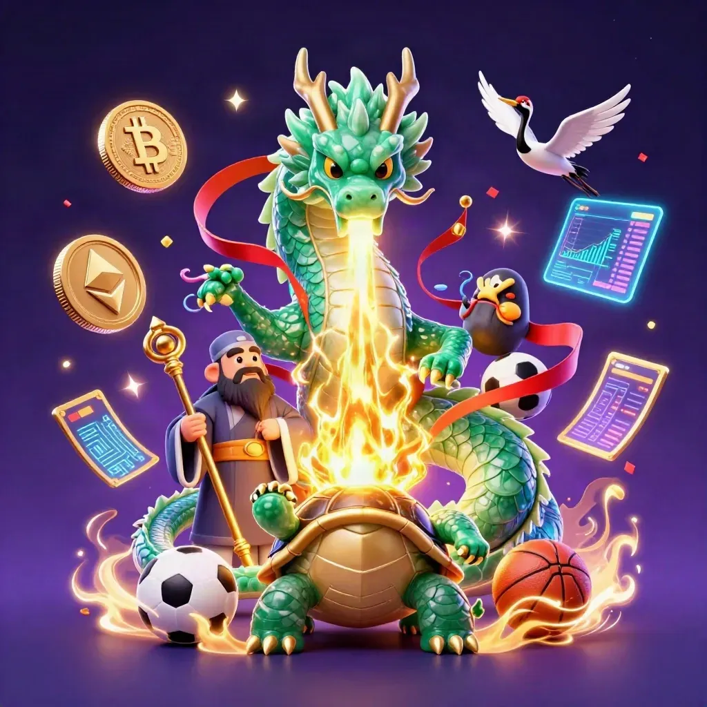 Emerald dragon, turtle sage and cranes amid casino coins, neon lightning and starry firework glow.