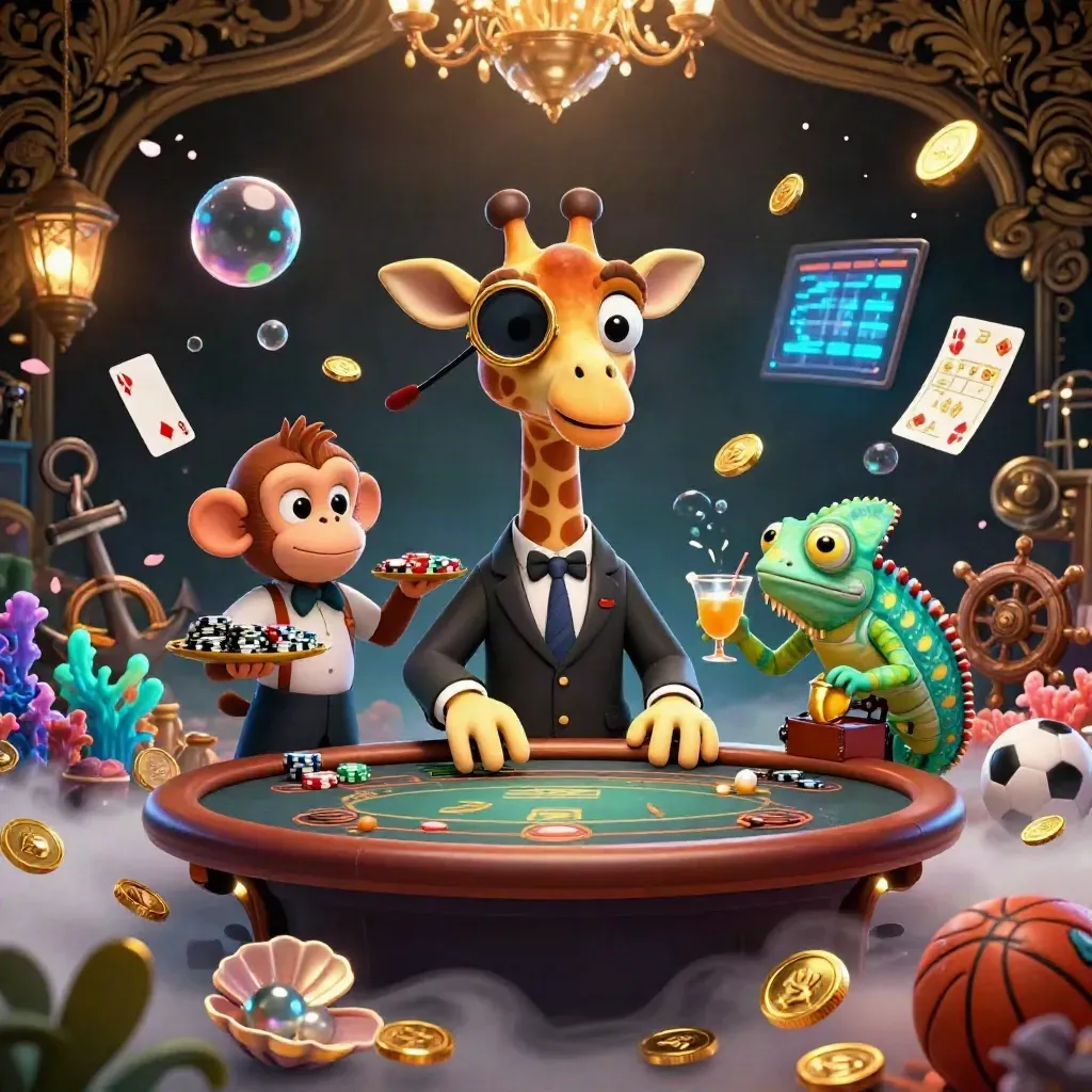 Suit-clad giraffe, monkey valet, and chameleon bartender amid gold coins and neon casino magic.