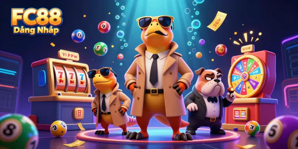 Experience thrilling moments with FC88 Đăng Nhập in a vibrant casino scene featuring playful raptors and dazzling game elements.
