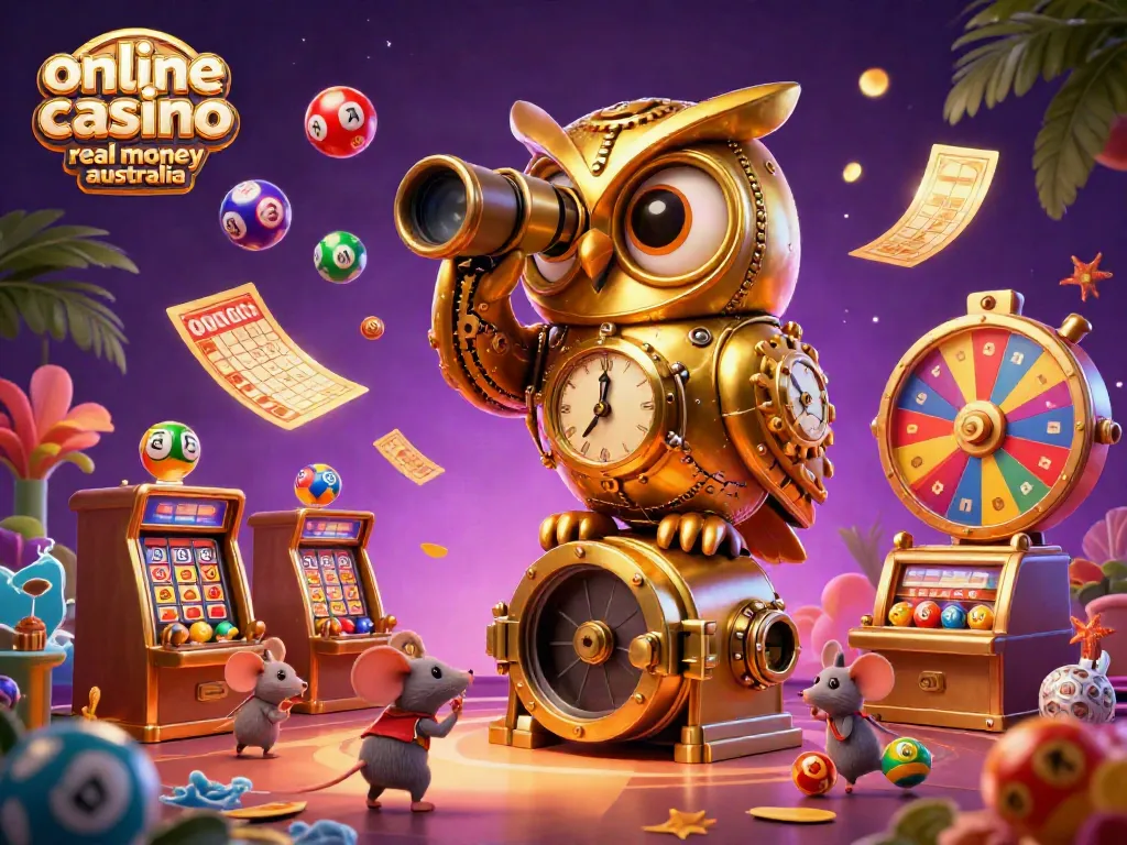 Engaging scene of 3D cartoon owl and mice in a colorful online casino real money australia setting with dynamic elements.
