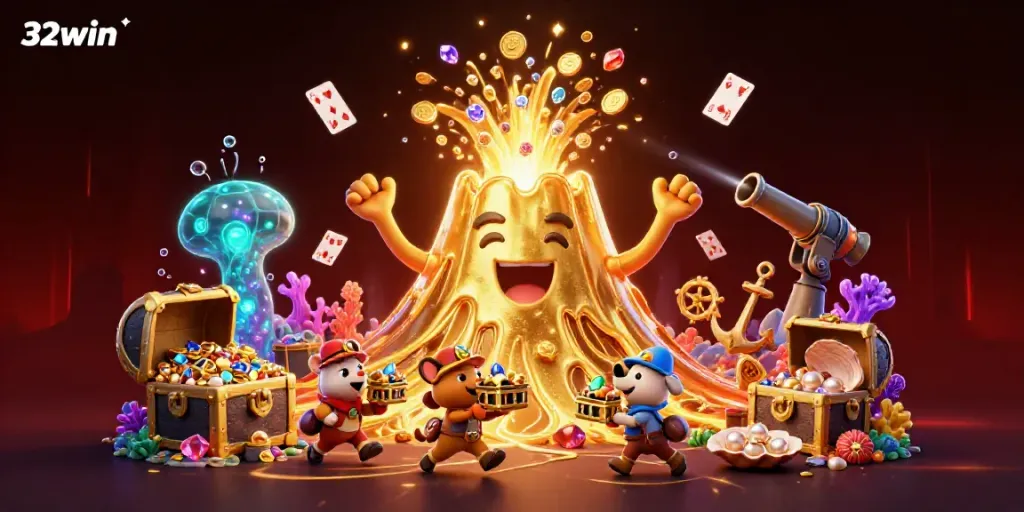 Celebrate victory as the golden volcano erupts coins and gems in this vibrant 32win-themed casino illustration.