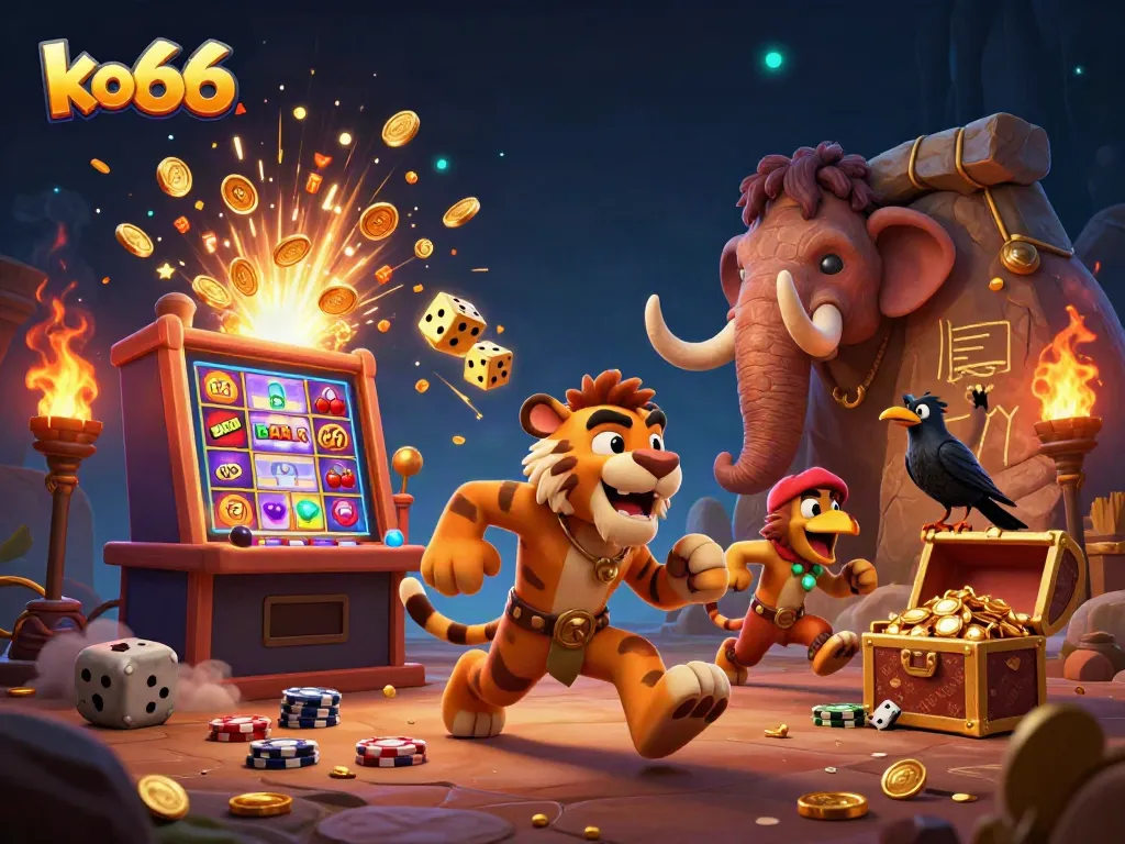 Experience thrilling gameplay at ko66 casino with a lively scene of cavemen and slot machines bursting with coins.