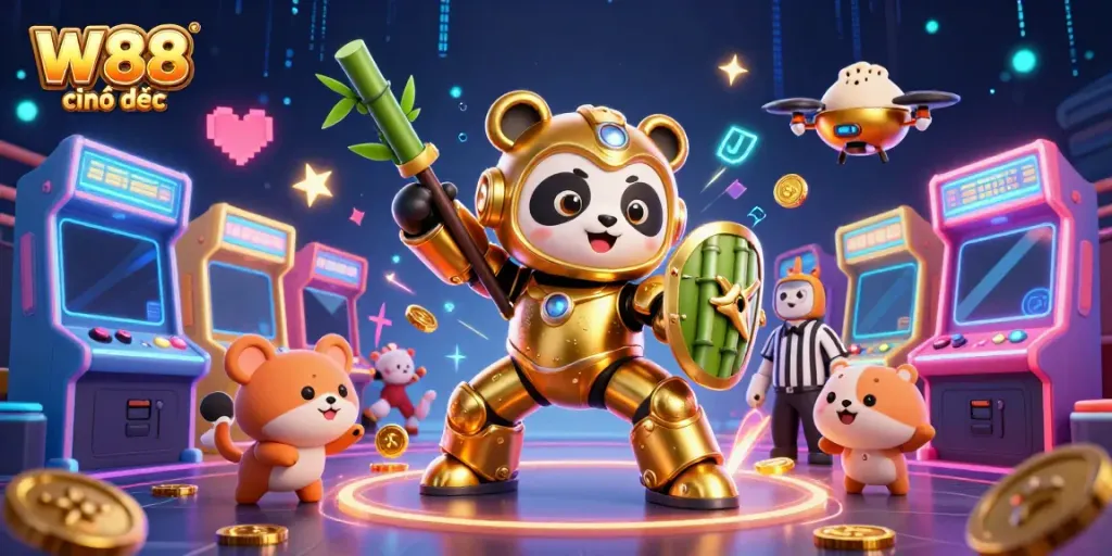 W88 chính thức showcases a dynamic scene with a golden panda mech in a casino-themed arena filled with energetic gaming elements.