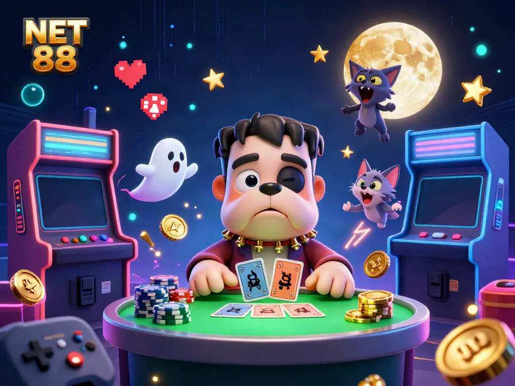 Engage with NET 88 in a vibrant gaming scene featuring a spooky casino theme with animated characters.