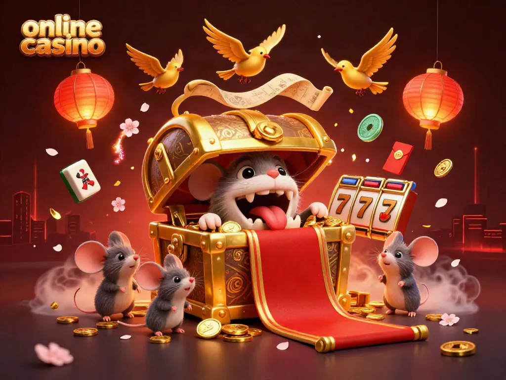 Experience the thrilling adventures of an online casino with treasure chests and iconic game elements.