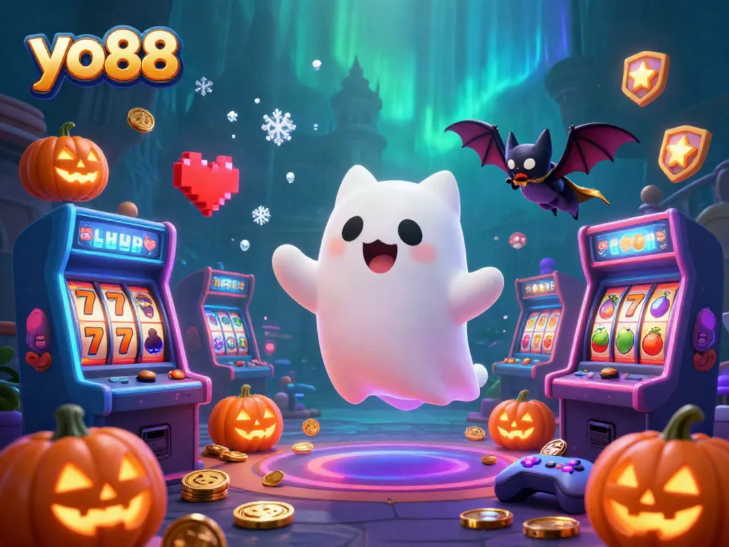 Experience thrilling games at yo88 with a friendly ghost cat and vibrant casino elements in a haunted mansion.