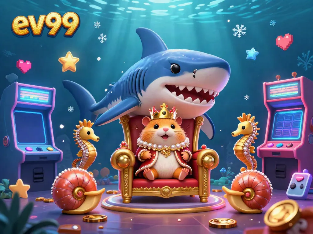 Experience the excitement of ev99's casino world with vibrant arcade elements and a playful golden hamster king.