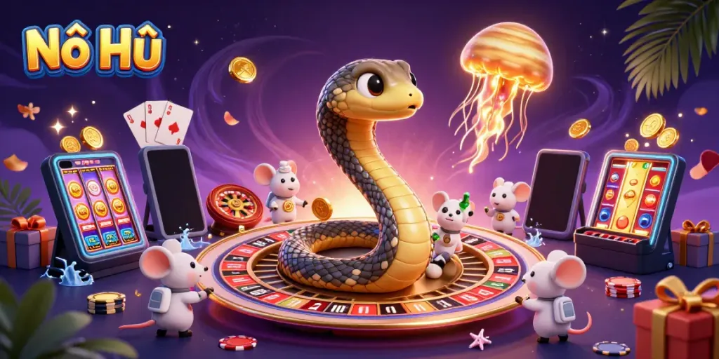 Experience the thrill of Nổ Hũ with vibrant gaming action in a cosmic casino setting.