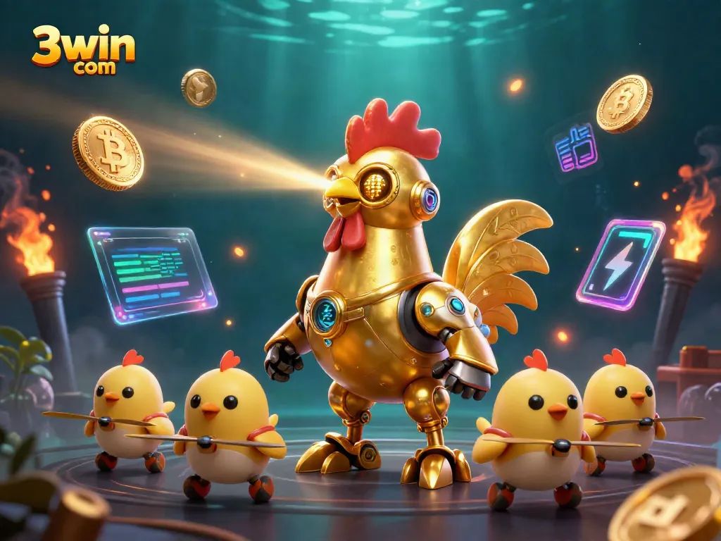 Experience betting excitement with 3win com featuring a golden rooster robot amidst vibrant casino elements.