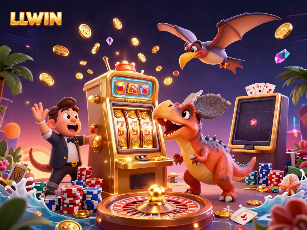 LLWIN casino scene with vibrant characters and dynamic elements showcasing excitement in gambling activities