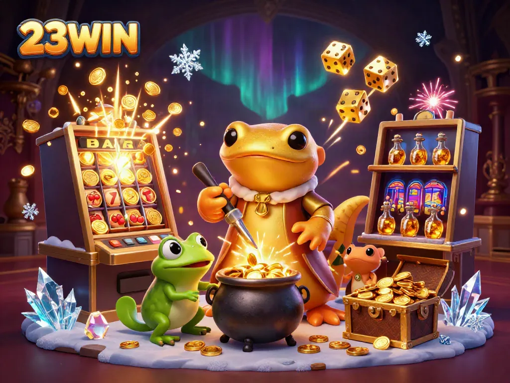Experience the thrill at 23WIN with a golden alchemist and thrilling casino scenes.