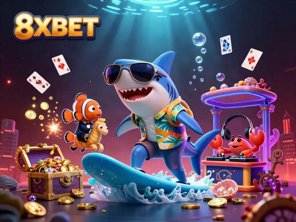 Experience thrilling moments with 8XBET in a vibrant underwater casino scene featuring playful sea creatures.
