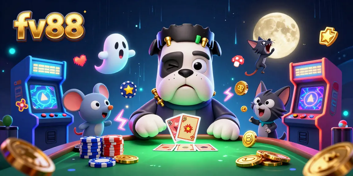 Engage with fv88's thrilling casino adventure featuring a playful bulldog dealer and spooky elements.