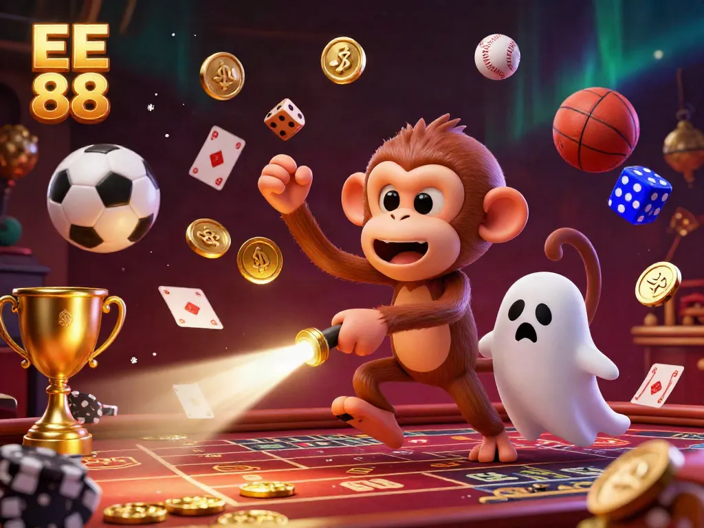 Experience the excitement of EE 88 at a haunted casino where a playful monkey juggles gold coins and cards.
