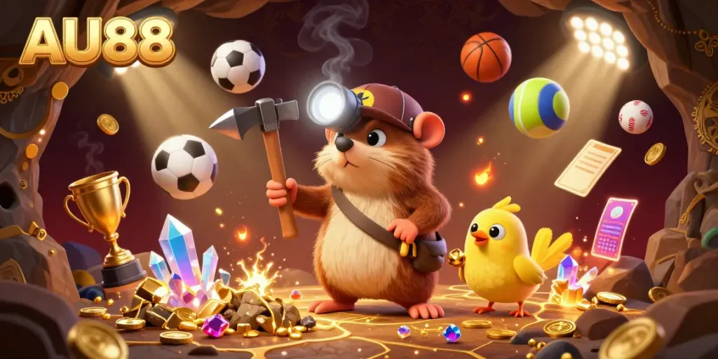 Engage in thrilling betting at AU88 with this vibrant 3D illustration showcasing a treasure hunter and dynamic sports elements.