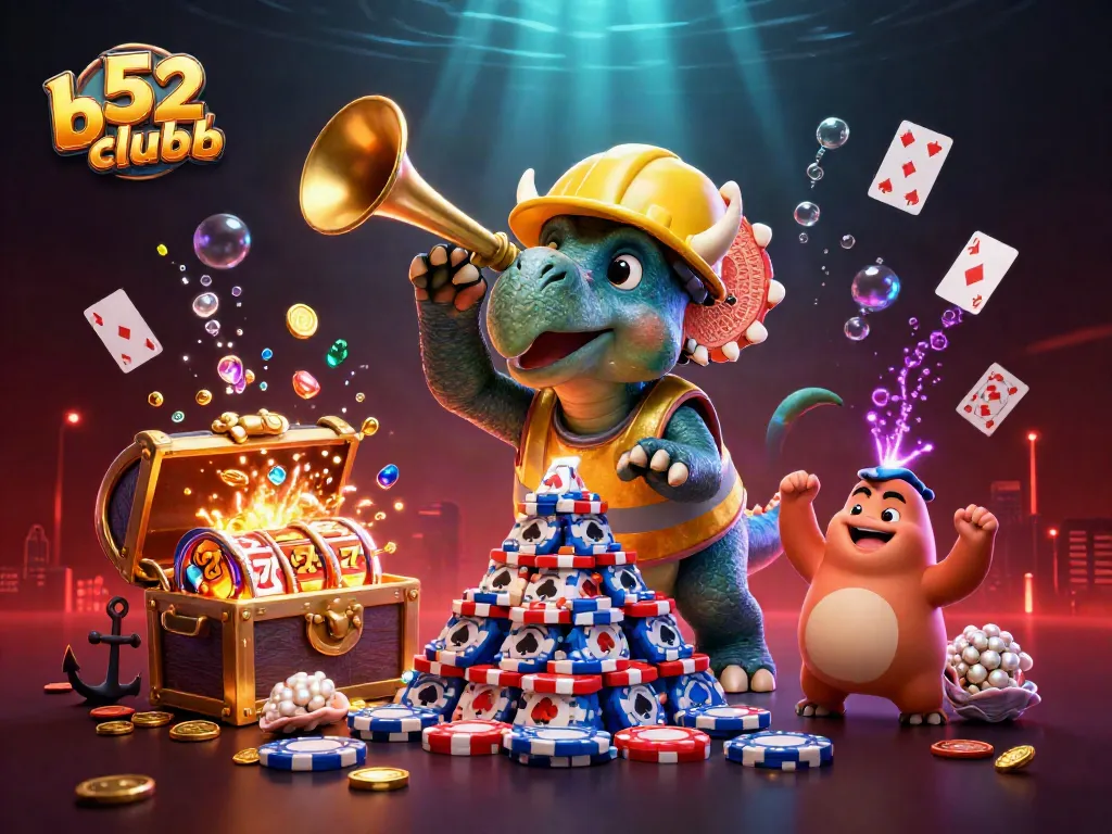 Engage with b52clubb casino games as colorful characters celebrate over poker chips and treasures.