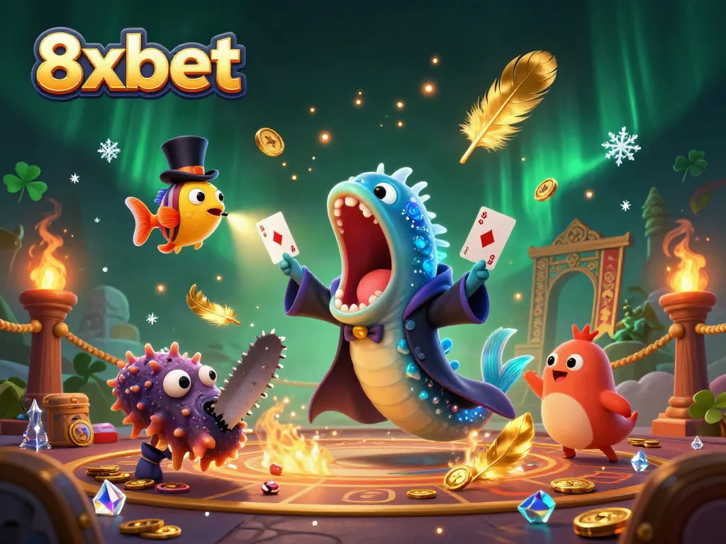 Engage with 8xbet's premium gaming experience in an enchanting underwater magical scene.
