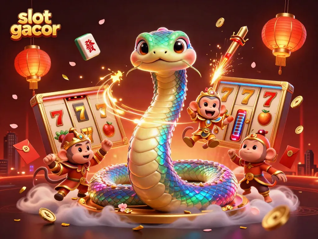 Engage with slot gacor gameplay featuring a vibrant serpent and magical monkey king in action.