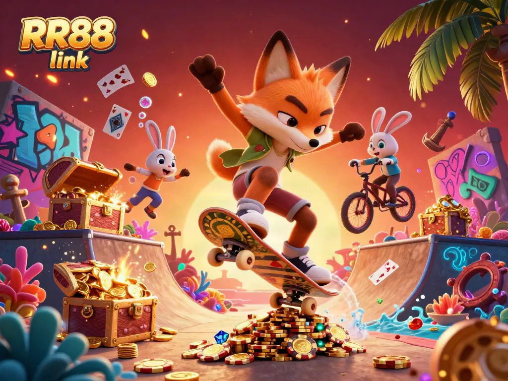 Experience the thrill of gambling with the RR88 link as characters celebrate casino fun amidst vibrant graphics.