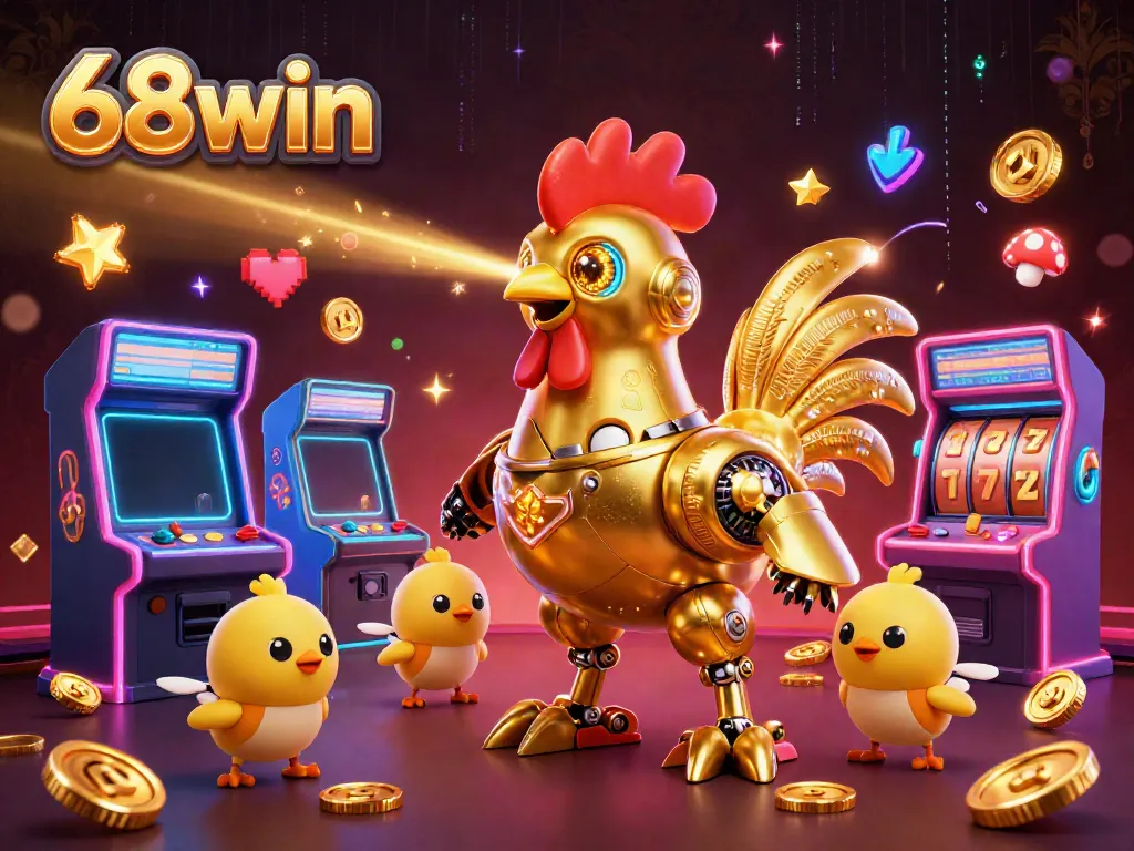 Engage with 68win's vibrant 3D casino scene featuring a golden rooster robot and arcade machines.