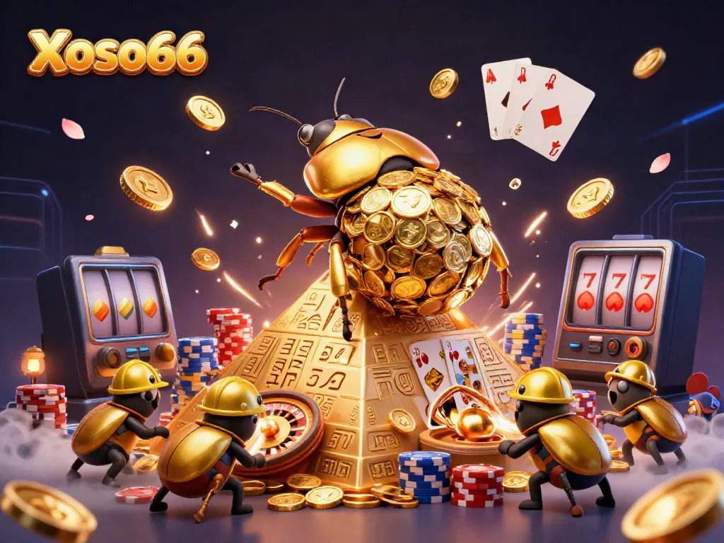 Xoso66 showcases a vibrant, thrilling online casino scene with beetles, gold coins, and dynamic game elements.