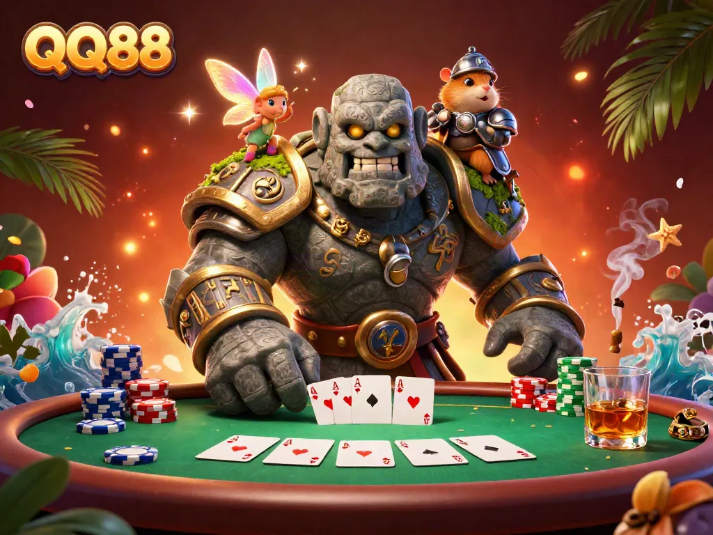 Engage in thrilling QQ88 poker adventures with colorful chips and magical characters in a vibrant scene.
