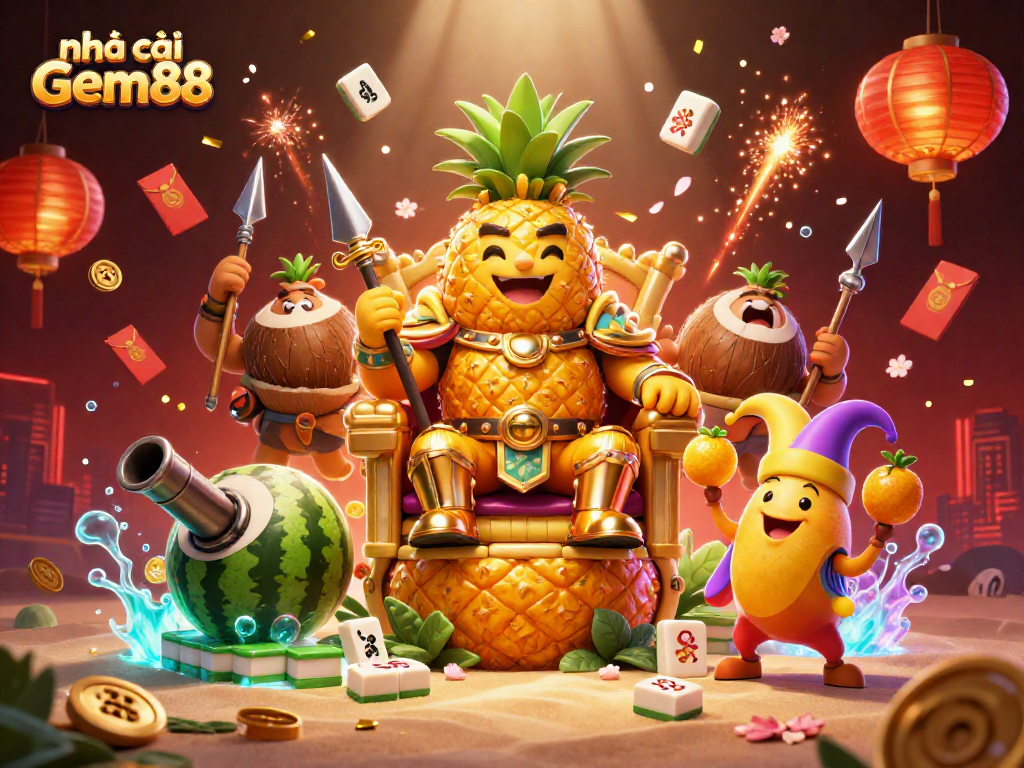 Bet on creativity at nhà cái Gem88 with a vibrant 3D casino scene featuring a pineapple king, bodyguards, and dynamic elements.