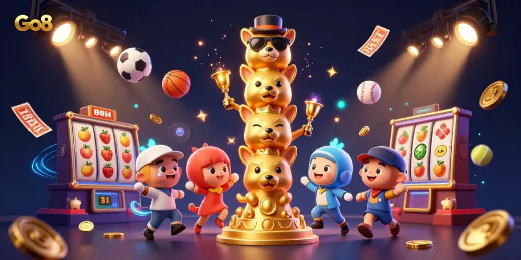 Engage with Go8 in a vibrant, dynamic casino scene featuring a golden totem pole and energizing slot elements.