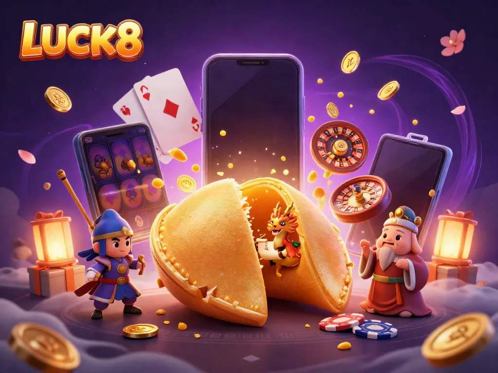 Experience LUCK8's vibrant casino world with golden characters and dynamic games.
