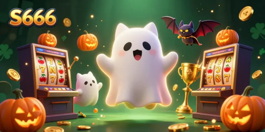 S666 ghost cat spins jackpot reels surrounded by glowing gaming elements.