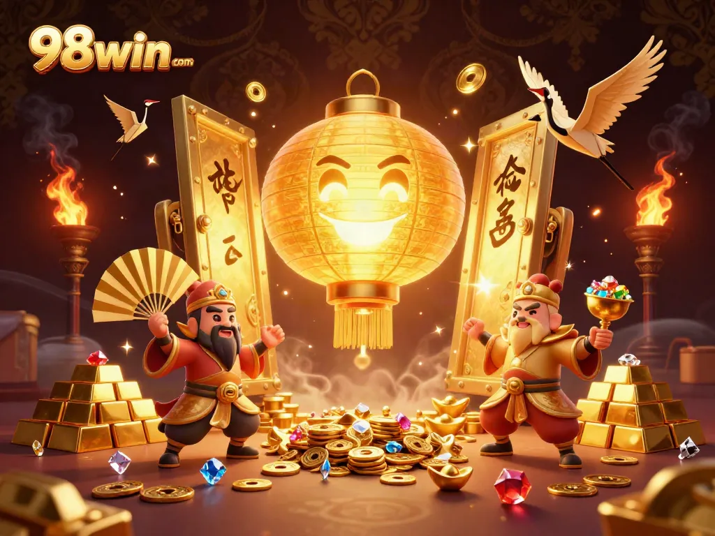 Experience excitement at 98win com with vibrant casino elements featuring golden treasures and playful characters.